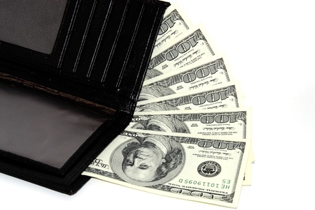 600 dollars in purse on a shite backgroundの写真素材