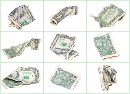 Different types of crumpled dollar isolated on whiteの写真素材