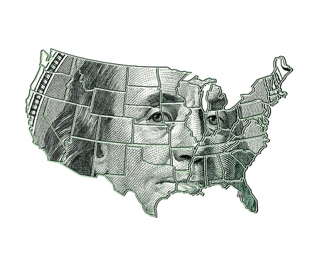 USA map on a dollar background with Franklin imageの写真素材
