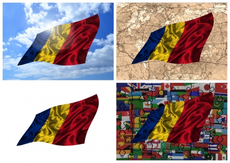 Waving colorful Romania flag collage on different backgroundsの写真素材