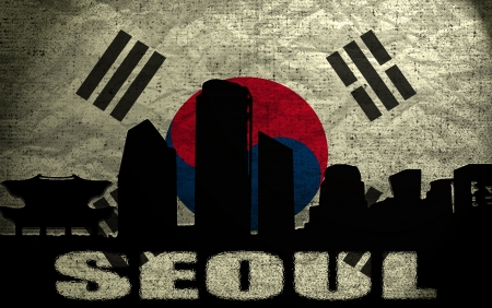 View of Seoul on the Grunge South Korean Flagの写真素材
