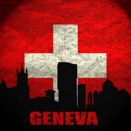 View of Geneva on the Grunge Swiss Flagの写真素材
