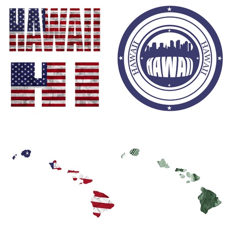 Hawaii state collage (map, stamp,word,abbreviation) in different styles in different texturesの写真素材