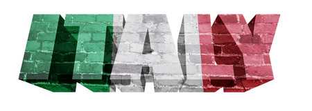 National Flag of Italy on the word of a brick texture isolated on whiteの写真素材