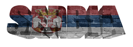 National Flag of Serbia on the word of a brick texture isolated on whiteの写真素材