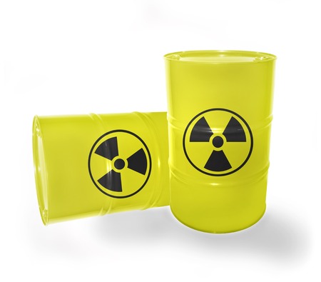 Yellow barrels with sign of radiation on the whiteの写真素材