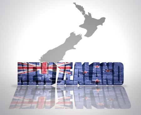 Word New Zealand with National Flag near map of New Zealandの写真素材