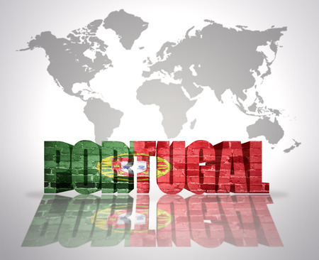 Word Portugal with  Portuguese Flag on a world map backgroundの写真素材