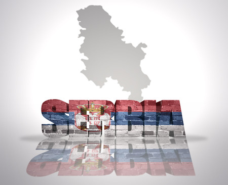 Word Serbia with National Flag near map of Serbiaの写真素材