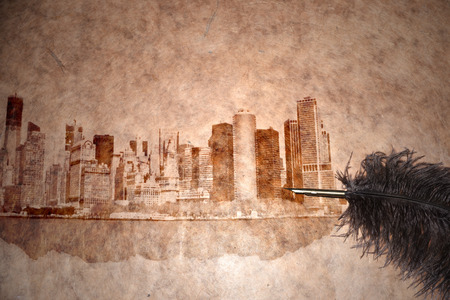 new york city skyline on vintage paper with old penの写真素材