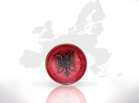 euro coin with albanian flag on the european union map backgroundの写真素材