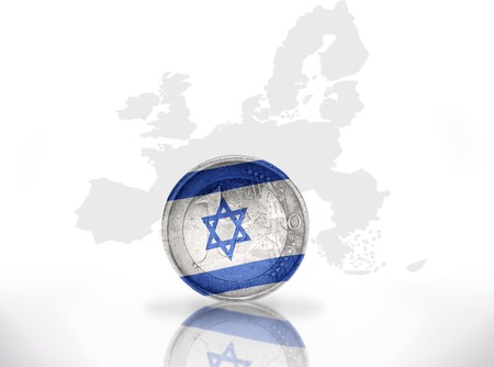 euro coin with israel flag on the european union map backgroundの写真素材