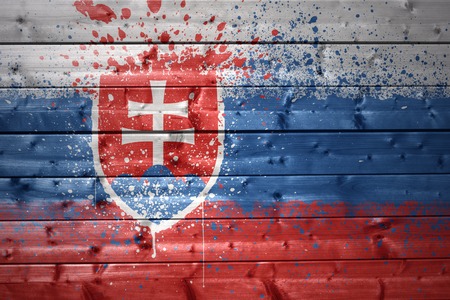 colorful painted slovak flag on a wooden textureの写真素材