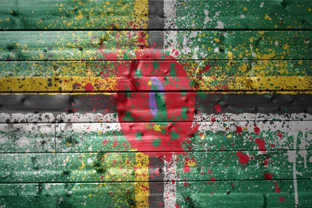 colorful painted dominica flag on a wooden textureの写真素材
