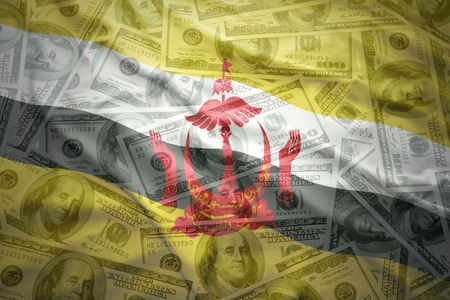 colorful waving brunei flag on a american dollar money backgroundの写真素材