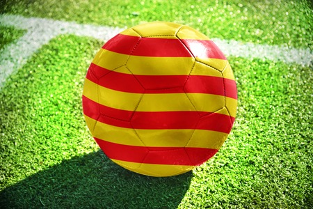 football ball with the national flag of catalonia lies on the green field near the white lineの写真素材
