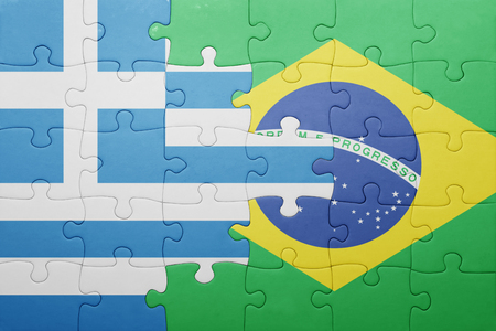 puzzle with the national flag of greece and brazil . conceptの写真素材