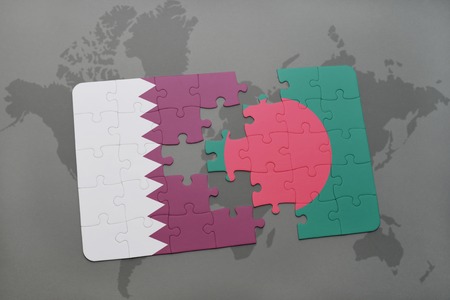 puzzle with the national flag of qatar and bangladesh on a world map background. 3D illustrationの写真素材