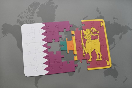 puzzle with the national flag of qatar and sri lanka on a world map background. 3D illustrationの写真素材