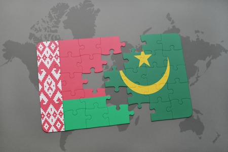 puzzle with the national flag of belarus and mauritania on a world map background. 3D illustrationの写真素材