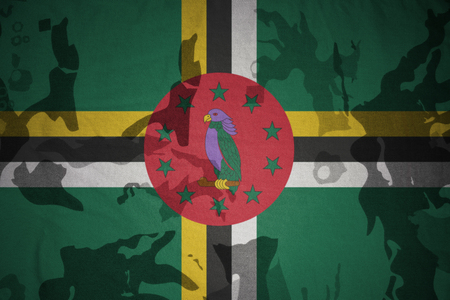 flag of dominica on the khaki texture background. military conceptの写真素材