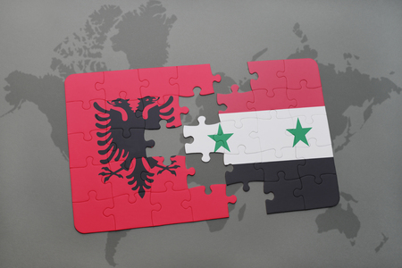 puzzle with the national flag of albania and syria on a world map background. 3D illustration