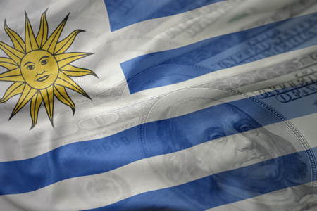 colorful waving national flag of uruguay on a american dollar money background. finance conceptの写真素材