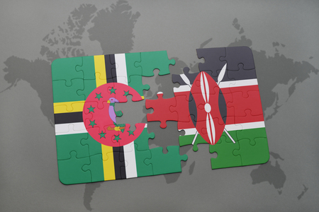 puzzle with the national flag of dominica and kenya on a world map background. 3D illustrationの写真素材