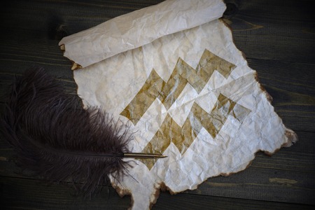 Aquarius sign of the zodiac on vintage paper with old pen on the wooden texture deskの写真素材