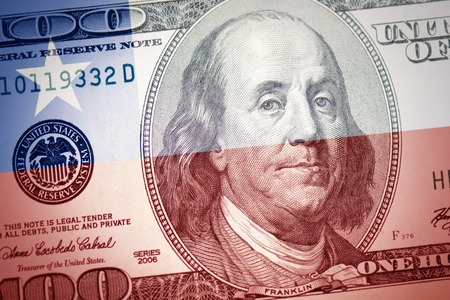 colorful flag of chile on a american dollar money backgroundの写真素材