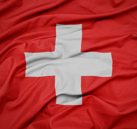 waving colorful national flag of switzerland. macro shotの写真素材