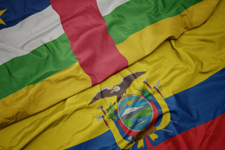 waving colorful flag of ecuador and national flag of central african republic. macroの写真素材