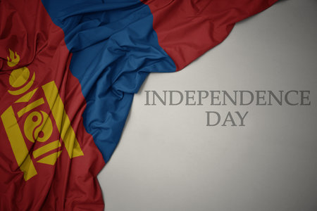 waving colorful national flag of mongolia on a gray background with text independence day. conceptの写真素材