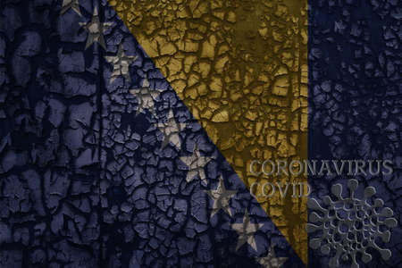 flag of bosnia and herzegovina on a old vintage metal rusty cracked wall with text coronavirus, covid, and virus picture.の写真素材