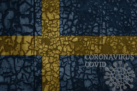 flag of sweden on a old vintage metal rusty cracked wall with text and virus picture.の写真素材