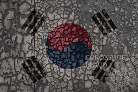 flag of south korea on a old vintage metal rusty cracked wall with text coronavirus, covid, and virus picture.の写真素材