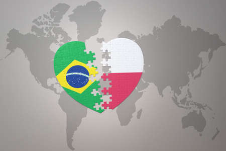 puzzle heart with the national flag of brazil and poland on a world map background.Concept. 3D illustrationの写真素材