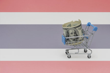 Metal shopping basket with big dollar money banknote on the national flag of thailand background. consumer basket concept. 3d illustrationの写真素材