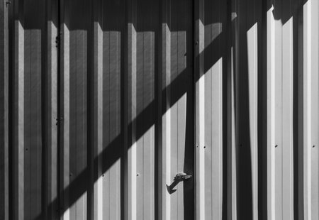 Closed door, made of steel, in black and white.の写真素材