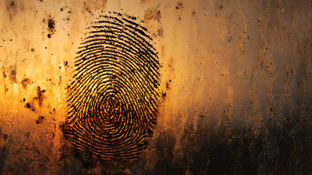 Fingerprint on glass in golden hour light. Extreme macro of oil ridge texture and identity security.の素材