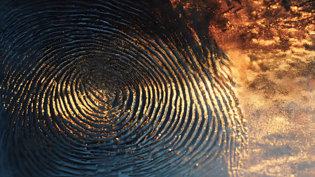 Fingerprint on glass in golden hour light. Extreme macro of oil ridge texture and identity security.の素材