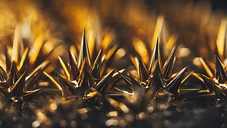 Ferrofluid spikes magnetic in golden hour metallic glow. Extreme macro of oil liquid texture and physics abstract.の素材