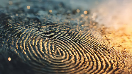 Fingerprint on glass in golden hour light. Extreme macro of oil ridge texture and identity security.の素材
