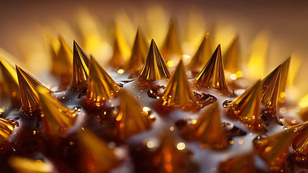 Ferrofluid spikes magnetic in golden hour metallic glow. Extreme macro of oil liquid texture and physics abstract.の素材