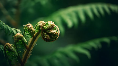 Forest fern unfolding with volumetric light piercing the canopy. Extreme macro of plant hairs and organic green with negative space.の素材