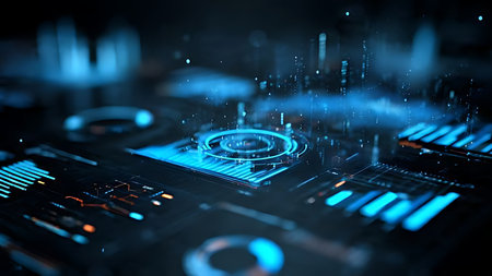 Futuristic holographic interface projection displaying abstract data charts in blue. Close-up of Detail with transparent layers.の素材