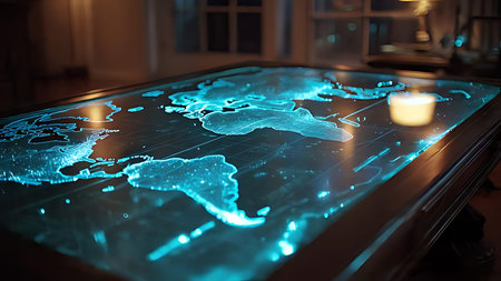 Futuristic server room with cables and blue neon lights. Dutch angle shot with plastic textures and cinematic cyberpunk look.の素材