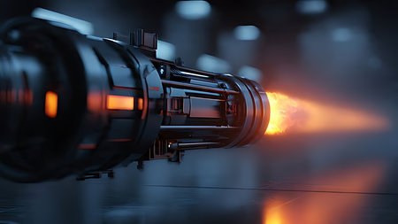 Futuristic laser cannon barrel glowing with heat. Low Angle with weapon power.の素材