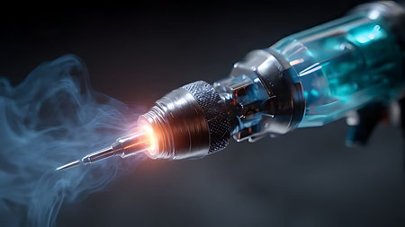 Futuristic plasma cutter tool glowing tip. Close-up of Detail with industrial laser.の素材