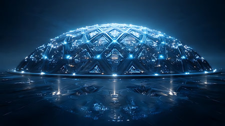 Futuristic shield generator dome glowing blue. Wide Angle with energy defense.の素材